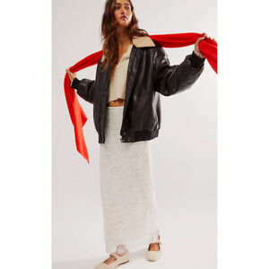 Free People EMBRACE Textured Lace Column Skirt in Ivory S NWOT $98